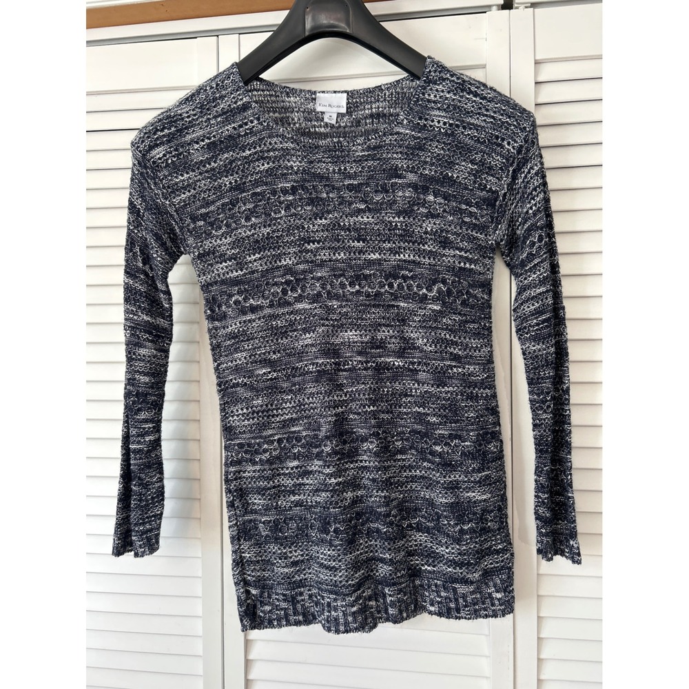 Kim Rogers Womens Blue White Long Sleeve Knit Top Sweater Size M Tunic Top